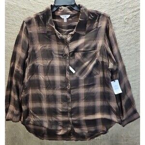 Terra & Sky Women’s 2X Plaid Button Down Shirt Brown Long Sleeve NWT
